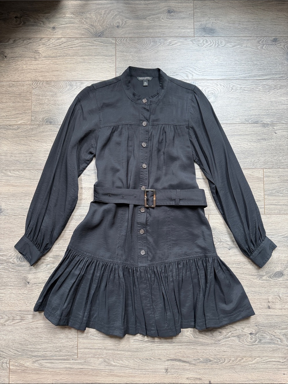 Banana Republic Black Belted Long Sleeve Shirt Dress | XS | Ruffle Hem